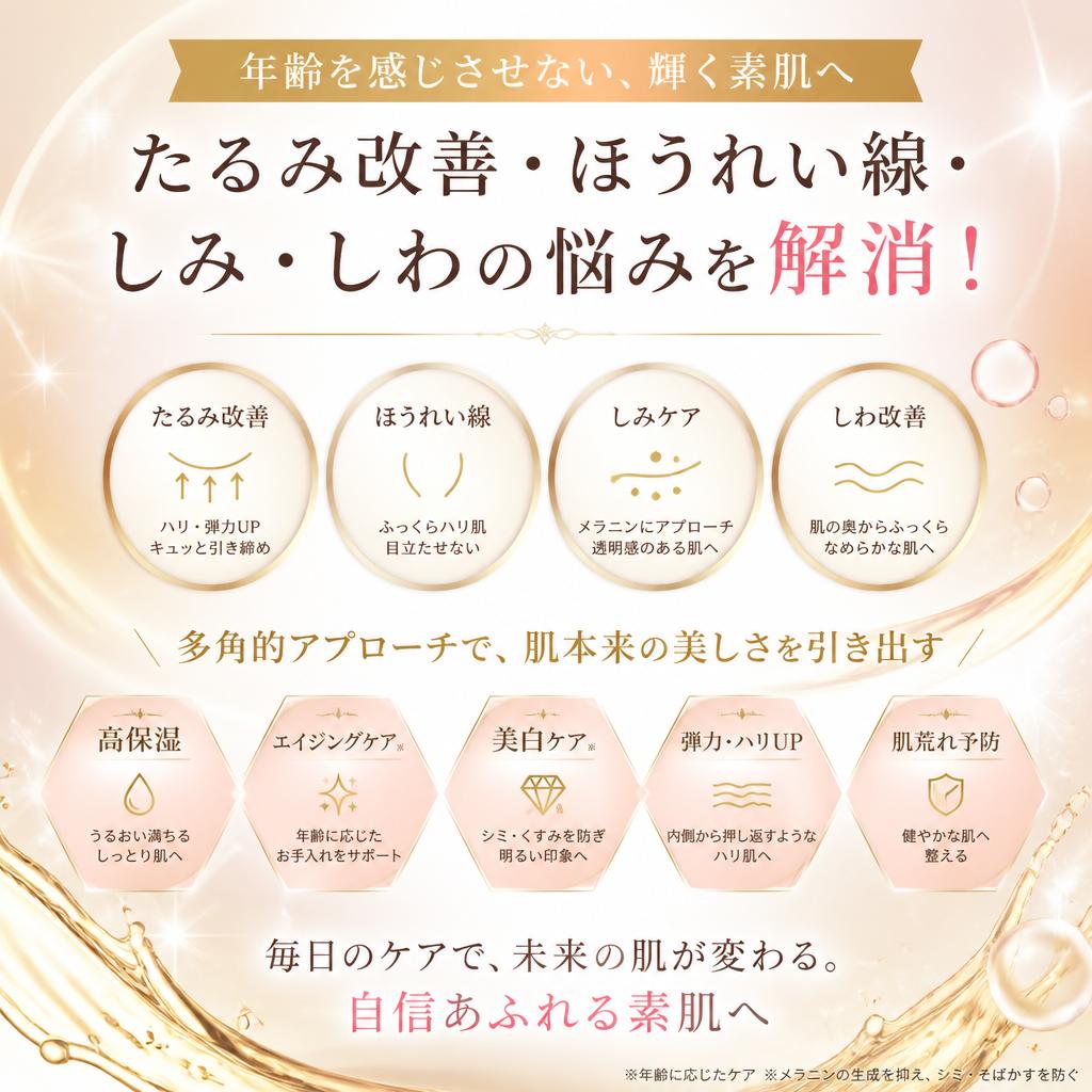 たるみ改善・ほうれい線・しみ・しわの悩みを解消！